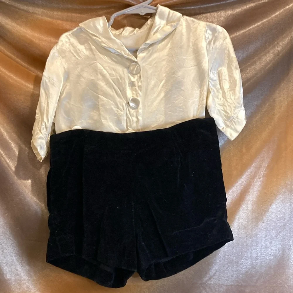 Vintage White Satin Blouse with Black Velvet Shorts. Box‎ P